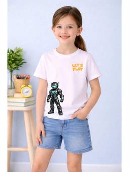 MALKIAT - Girls White Let’S Play Robo Hero Printed Cotton T-shirt