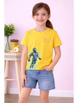 MALKIAT - Girls Yellow Let’S Play Flying Robot Printed Cotton T-shirt