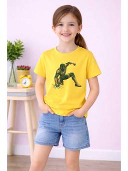 MALKIAT - Girls Yellow Super Force Kids Printed Cotton T-shirt