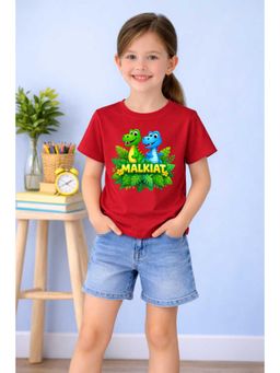 MALKIAT - Girls Red Dino Land Kids Printed Cotton T-shirt