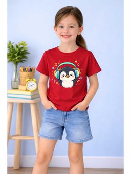MALKIAT - Girls Red Little DJ Penguin Printed Cotton T-shirt