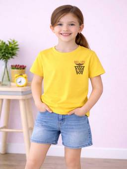 MALKIAT - Girls Yellow Victory Net Graphic Printed Cotton T-shirt