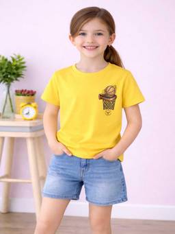 MALKIAT - Girls Yellow Streetball Universe Printed Cotton T-shirt