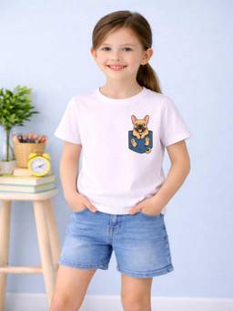 MALKIAT - Girls White Cute Pup Peek Printed Cotton T-shirt
