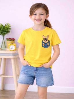 MALKIAT - Girls Yellow Cute Pup Peek Printed Cotton T-shirt