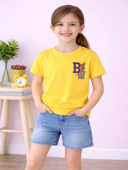 MALKIAT - Girls Yellow B-Star Court Printed Cotton T-shirt