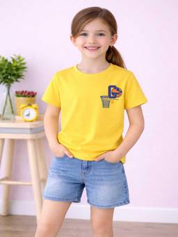 MALKIAT - Girls Yellow Crossover Printed Cotton T-shirt