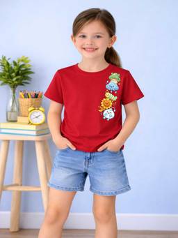 MALKIAT - Girls Red Cute Seasons Crew Printed Cotton T-shirt