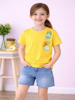 MALKIAT - Girls Yellow Cute Seasons Crew Printed Cotton T-shirt