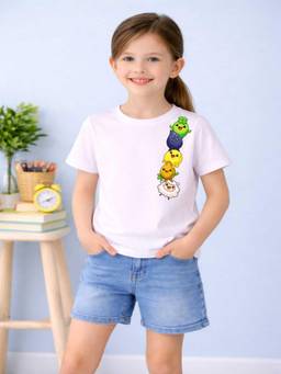 MALKIAT - Girls White Cute Crop Crew Printed Cotton T-shirt
