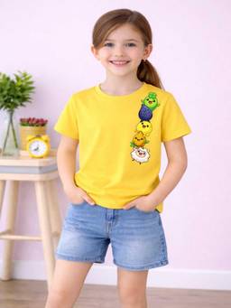 MALKIAT - Girls Yellow Cute Crop Crew Printed Cotton T-shirt