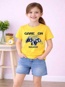 MALKIAT - Girls Yellow Game Mode Printed Cotton T-shirt