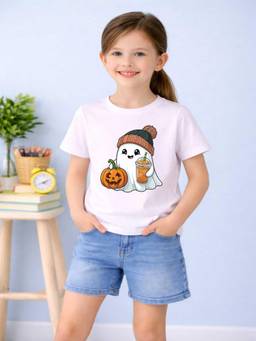 MALKIAT - Girls White Pumpkin Boo Printed Cotton T-shirt