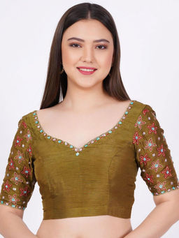 Sufiza Lifestyle - Silk Olive Green Zardozi Stitched Blouse