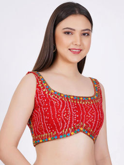 Sufiza Lifestyle - Cotton Bandhani Printed Red Color Hand Embroidered Zardozi Stitched Blouse