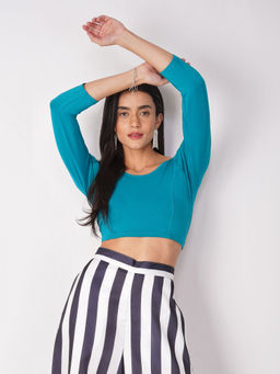 Swtantra - Women Comfort Ease 4-Way Stretch Turquoise Three Fourth Sleeve Stitched Blouse