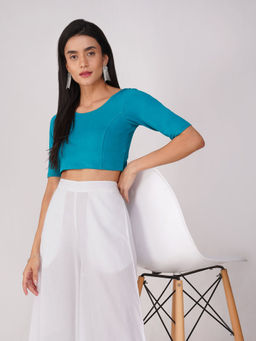 Swtantra - Women Comfort Ease 4-Way Stretch Turquoise Short Sleeve Stitched Blouse