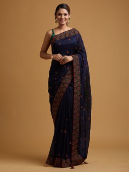 Koskii - Navy Blue Threadwork Art Silk Designer Saree with Unstitched Blouse