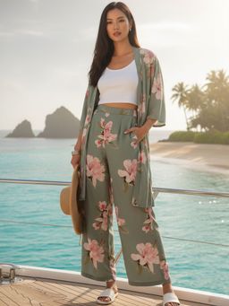 AOBA - Women Green Floral Printed Robe & Palazzo Beachwear (Set of 2)