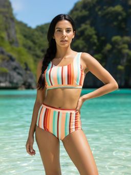 AOBA - Women Multi-Color Striped Bikini Top with Panty (Set of 2)