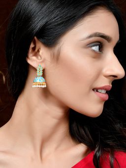 Silvermerc Designs - Women Gold Plated Blue Floral Meenakari Designer Jhumkas