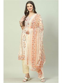 Biba - Beige Silk Printed Dress Material (Set of 3)