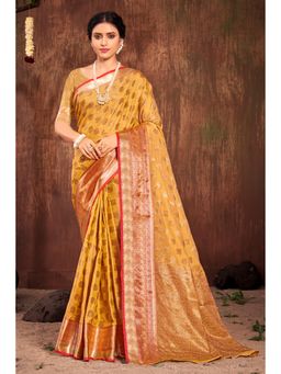 Sangam Prints - Mustard Cotton Woven Zari Work Traditional Saree with Unstitched Blouse