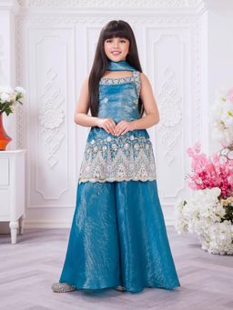 Tiny Kingdom - Tissue Woven Floral Embroidered Top and Palazzo With Dupatta - Blue