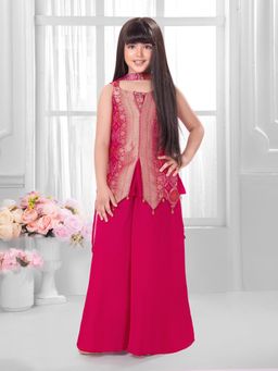 Tiny Kingdom - Georgette Woven Floral Embroidered Top and Palazzo With Dupatta - Pink