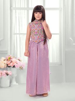 Tiny Kingdom - Tissue Woven Floral Embroidered Top and Palazzo With Dupatta - Purple