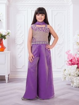 Tiny Kingdom - Tissue Woven Floral Embroidered Top and Palazzo With Dupatta - Lavender