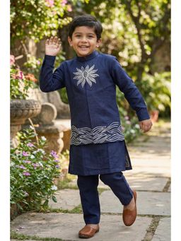 Lagorii - Kurta With Pyjama and Embroidered Jacket Navy Blue