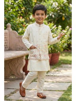 Lagorii - Floral Embroidered Nehru Jacket With Kurta and Pyjama Cream