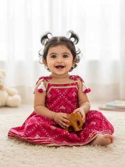 Baby Moo - Cotton Woven Knee Length Tie-Knot Bandhani Ethnic Dress - Pink