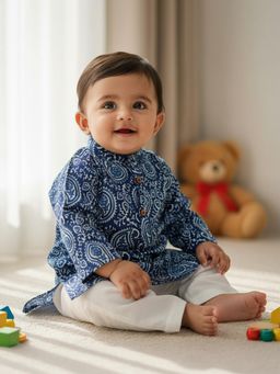 Baby Moo - Cotton Woven Full Sleeves Butta Kurta with Pyjama - Blue