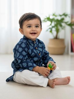Baby Moo - Cotton Woven Full Sleeves Indigo Printed Kurta with Pyjama - Blue