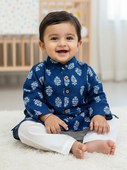 Baby Moo - Cotton Woven Full Sleeves Botanical Printed Kurta with Pyjama - Blue