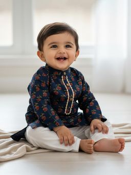 Baby Moo - Cotton Woven Full Sleeves Rose Kurta with Pyjama - Navy Blue