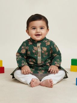 Baby Moo - Cotton Woven Full Sleeves Rose Kurta with Pyjama - Green