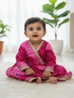 Baby Moo - Cotton Woven Full Sleeves Bandhani Cotton Woven Kurta with Pant - Pink