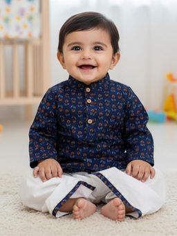 Baby Moo - Cotton Woven Full Sleeves Floral Printed Kurta with Dhoti - Blue