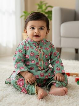 Baby Moo - Cotton Woven Full Sleeves Floral Printed Kurta with Dhoti - Light Green