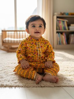 Baby Moo - Cotton Woven Full Sleeves Floral Printed Kurta with Dhoti - Yellow