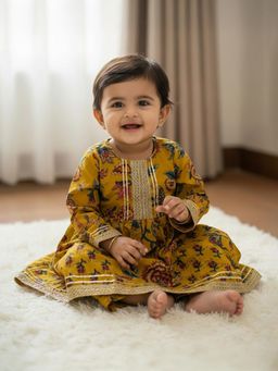 Baby Moo - Cotton Woven Floral Printed Cotton Woven Kurta with Pant - Mustard