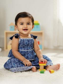 Baby Moo - Cotton Woven Tie-Knot Sleeveless Lehenga Choli - Blue