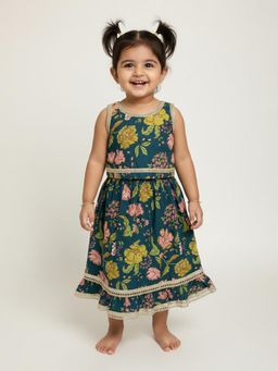 Baby Moo - Cotton Woven Sleeveless Lehenga Choli - Green