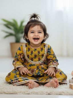 Baby Moo - Cotton Woven Knee Length Ethnic Dresses - Yellow