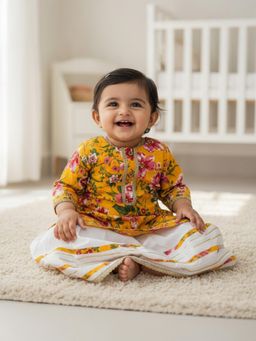 Baby Moo - Cotton Woven Three Fourth Sleeves Lehenga Choli - Yellow