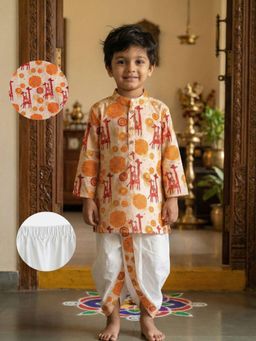 Desi Soota - Boys Cream Cotton Animal Print Kurta With Dhoti