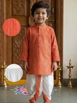 Desi Soota - Boys Orange Cotton Ethnic Motif Kurta With Dhoti